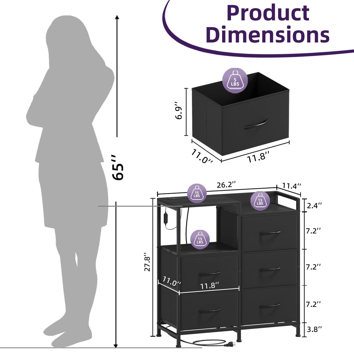 Wide 5 Drawer Nightstand with Charging Station & LED Light C222746