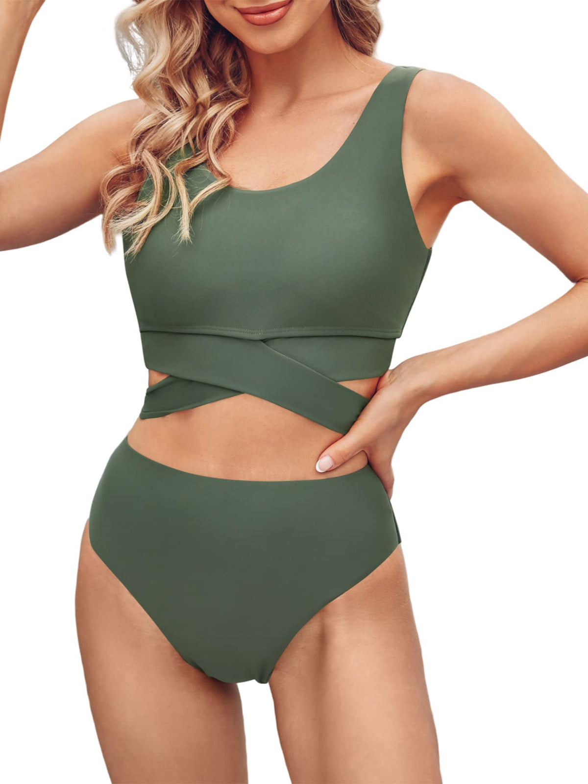 Scoop Neck High Waisted Two Piece Bikini Set L45844