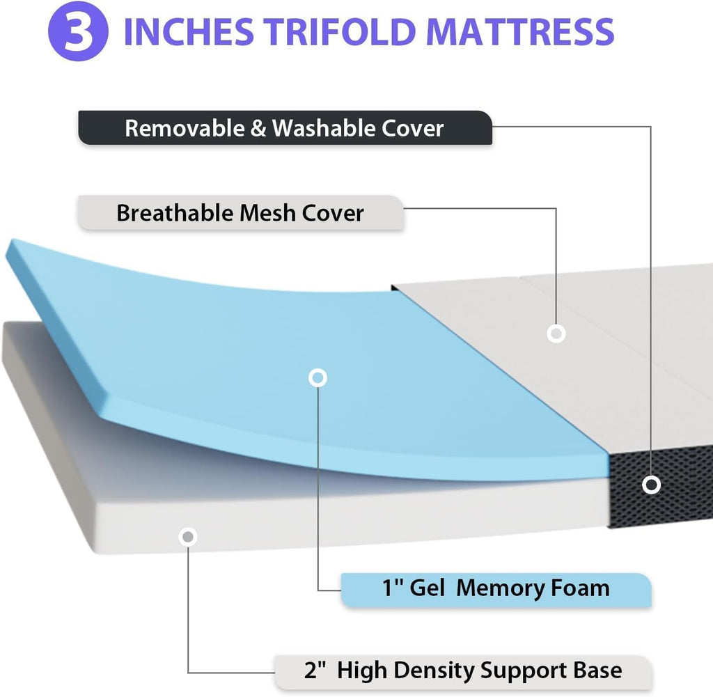 3 inch Tri Fold Memory Foam Mattress with Mesh Cover V26131