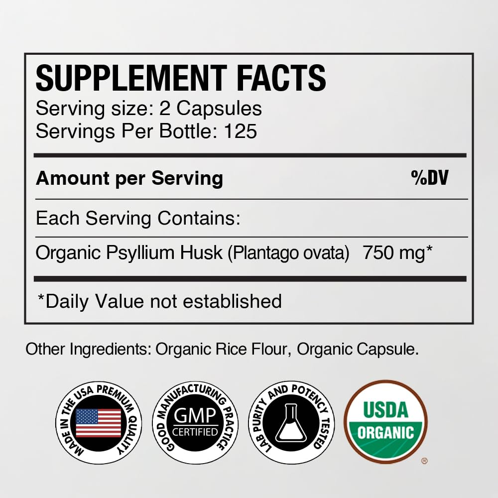 Organic Psyllium Husk Capsules 750 mg Fiber Supplement 250 Capsules Pack of 2 A78702