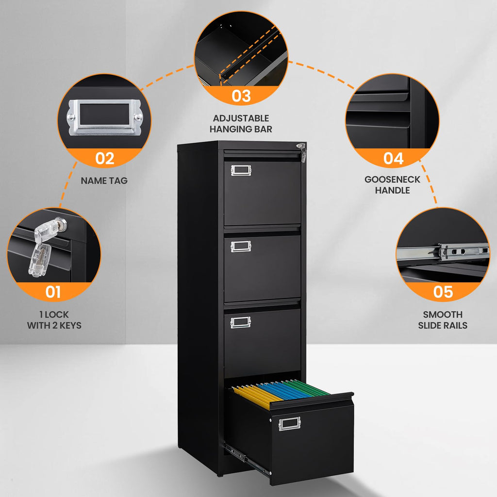 4 Drawer Black Metal File Cabinet with Lock K1870