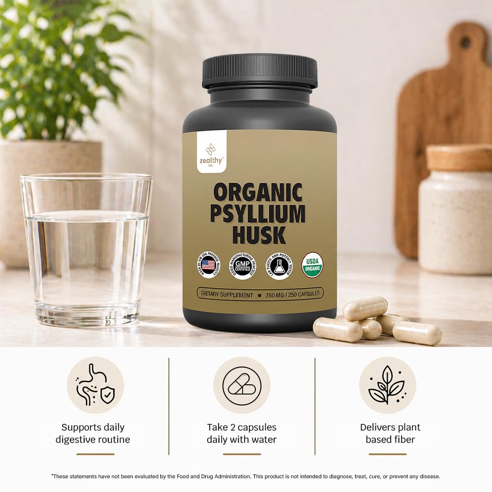 Organic Psyllium Husk Capsules 750 mg Fiber Supplement 250 Capsules Pack of 2 A78702