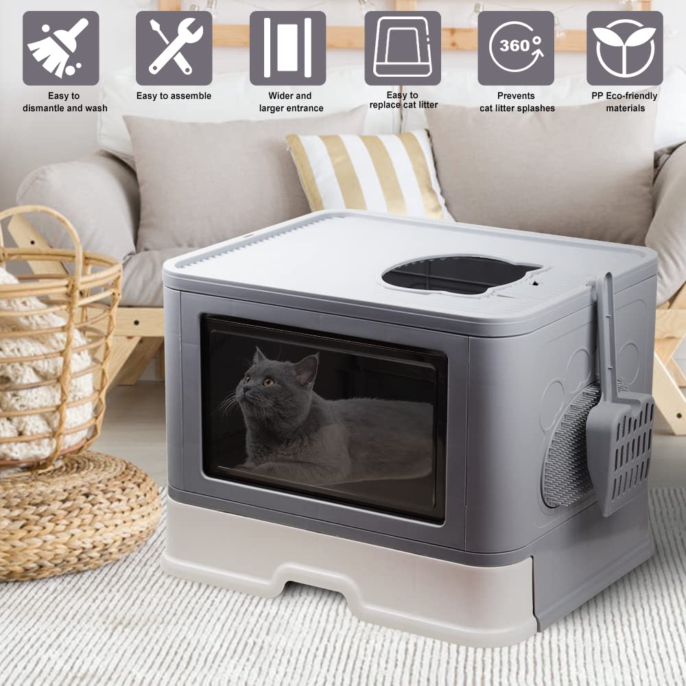 Foldable Top Entry Cat Litter Box with Lid and Scoop, Grey E9992