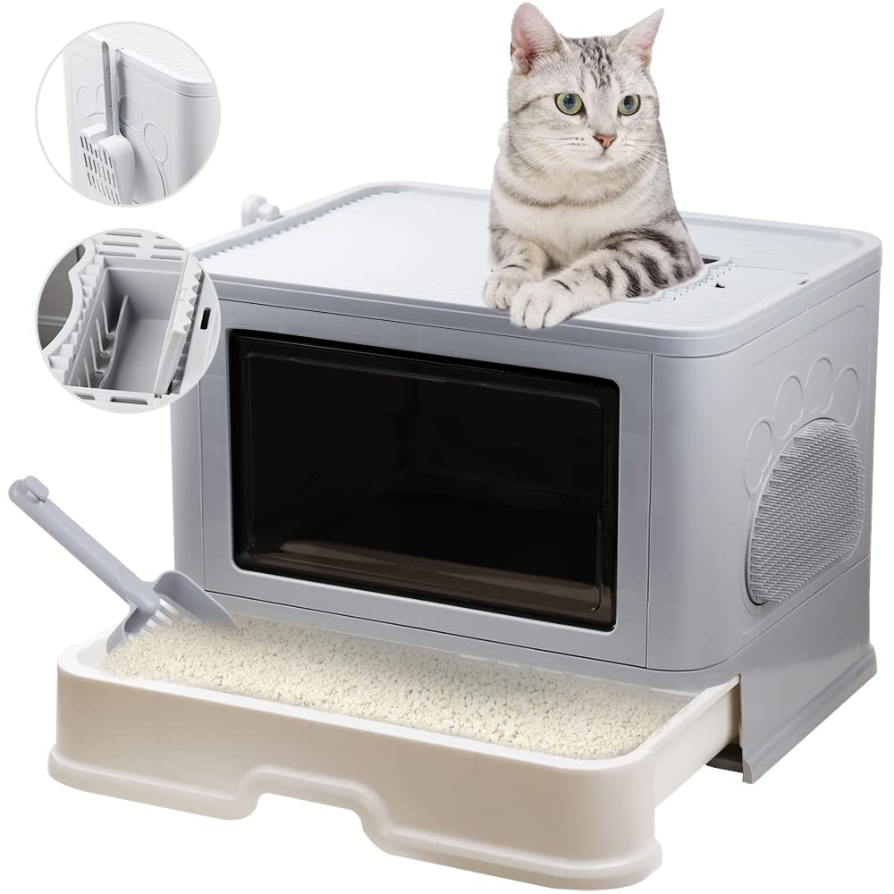 Foldable Top Entry Cat Litter Box with Lid and Scoop, Grey E9992
