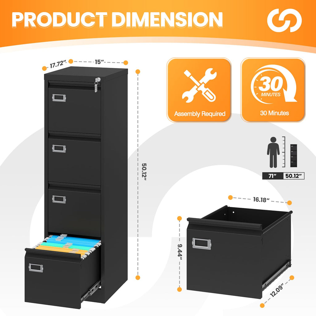 4 Drawer Black Metal File Cabinet with Lock K1870