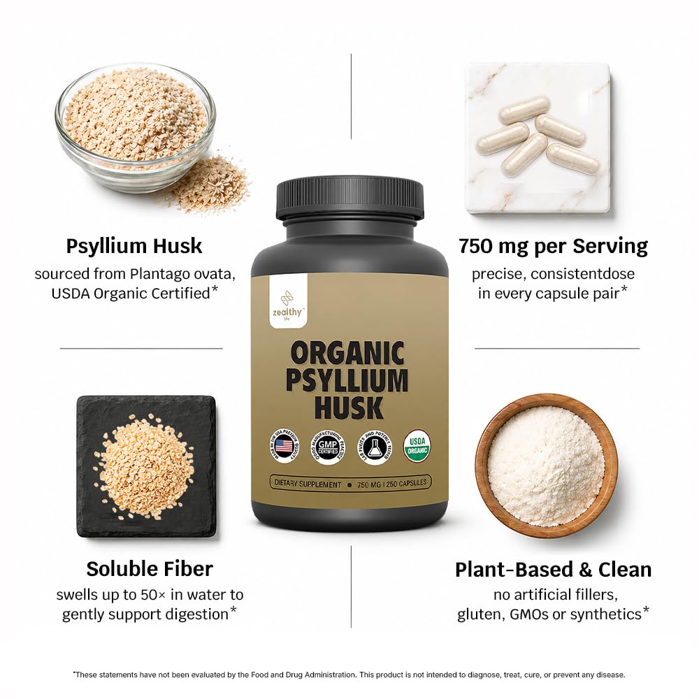 Organic Psyllium Husk Capsules 750 mg Fiber Supplement 250 Capsules Pack of 2 A78702