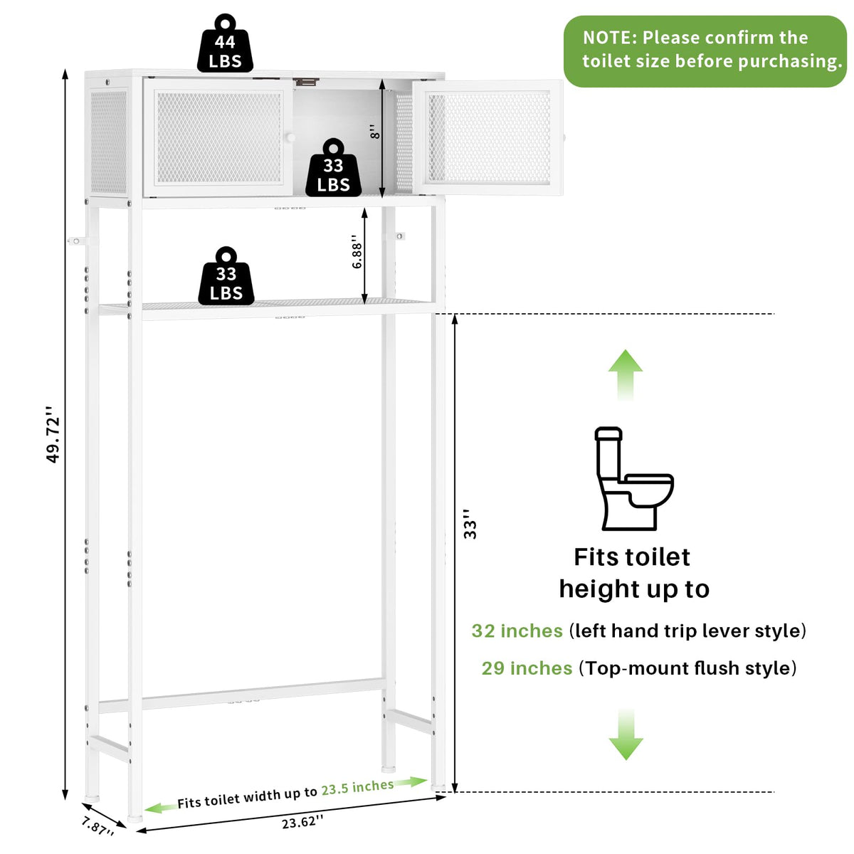 Over the Toilet Storage Cabinet with Doors, White Metal Shelves M1571