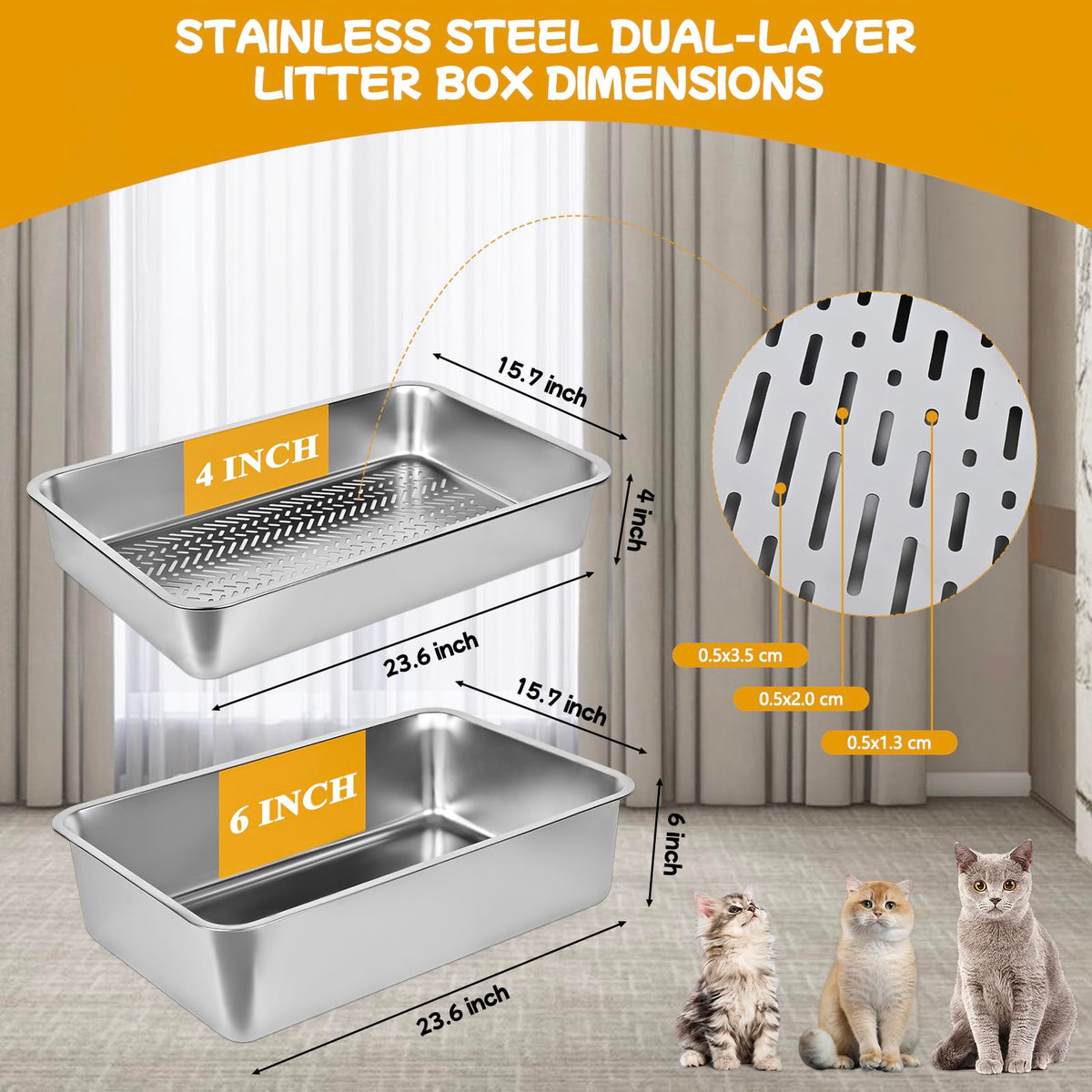 Stainless Steel Sifting Cat Litter Box with Scoop and Pee Pad C487156