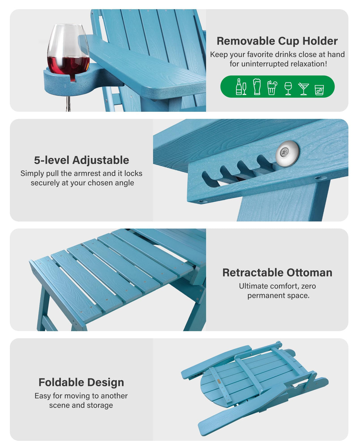 Blue Set of 2 Adirondack Chair with Footrest Z858