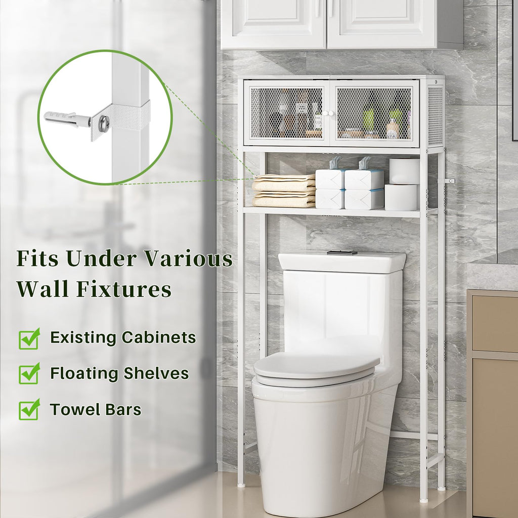 Over the Toilet Storage Cabinet with Doors, White Metal Shelves M1571