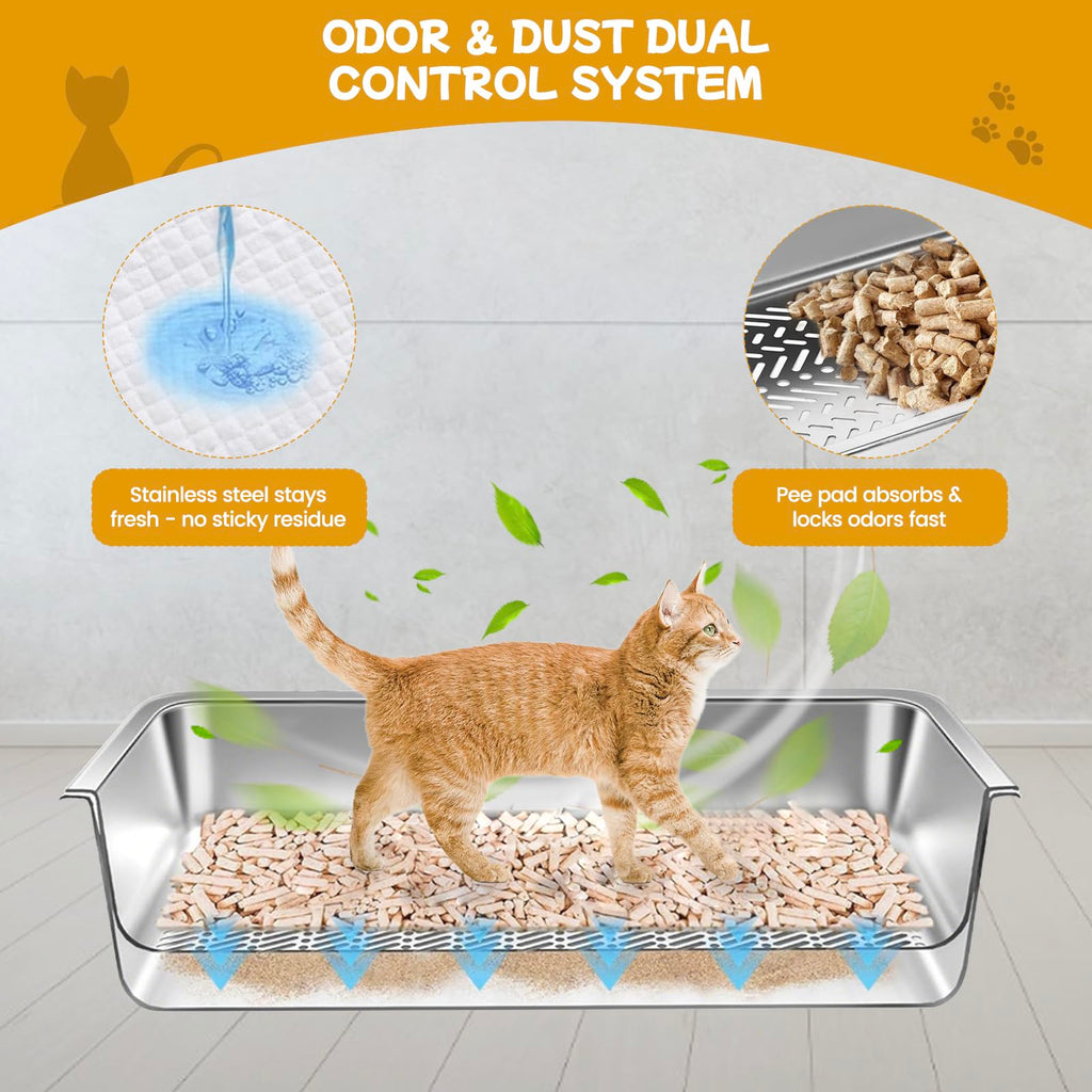 Stainless Steel Sifting Cat Litter Box with Scoop and Pee Pad C487156