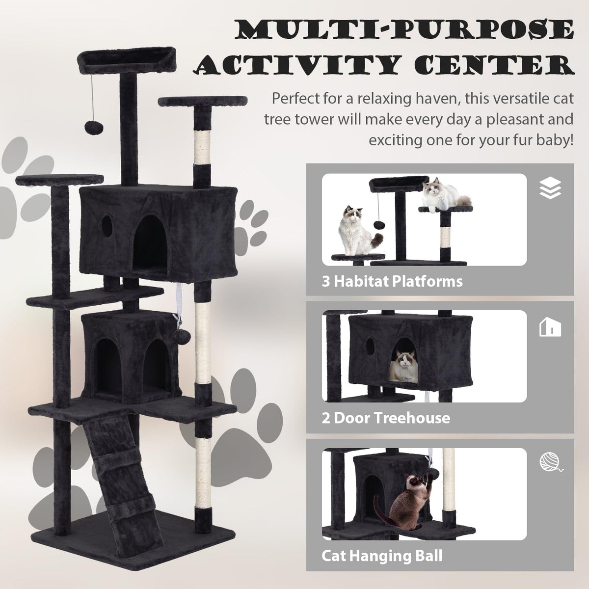 70" Dark Grey Cat Tree Tower with Scratching Post and Bed C510