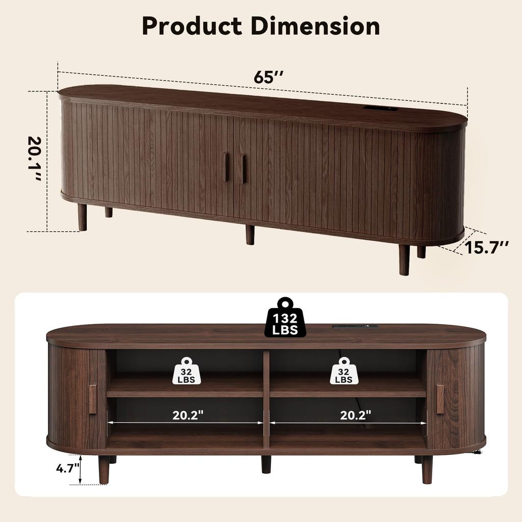 65" Walnut Wood TV Stand with Power Outlet and Sliding Doors B5969