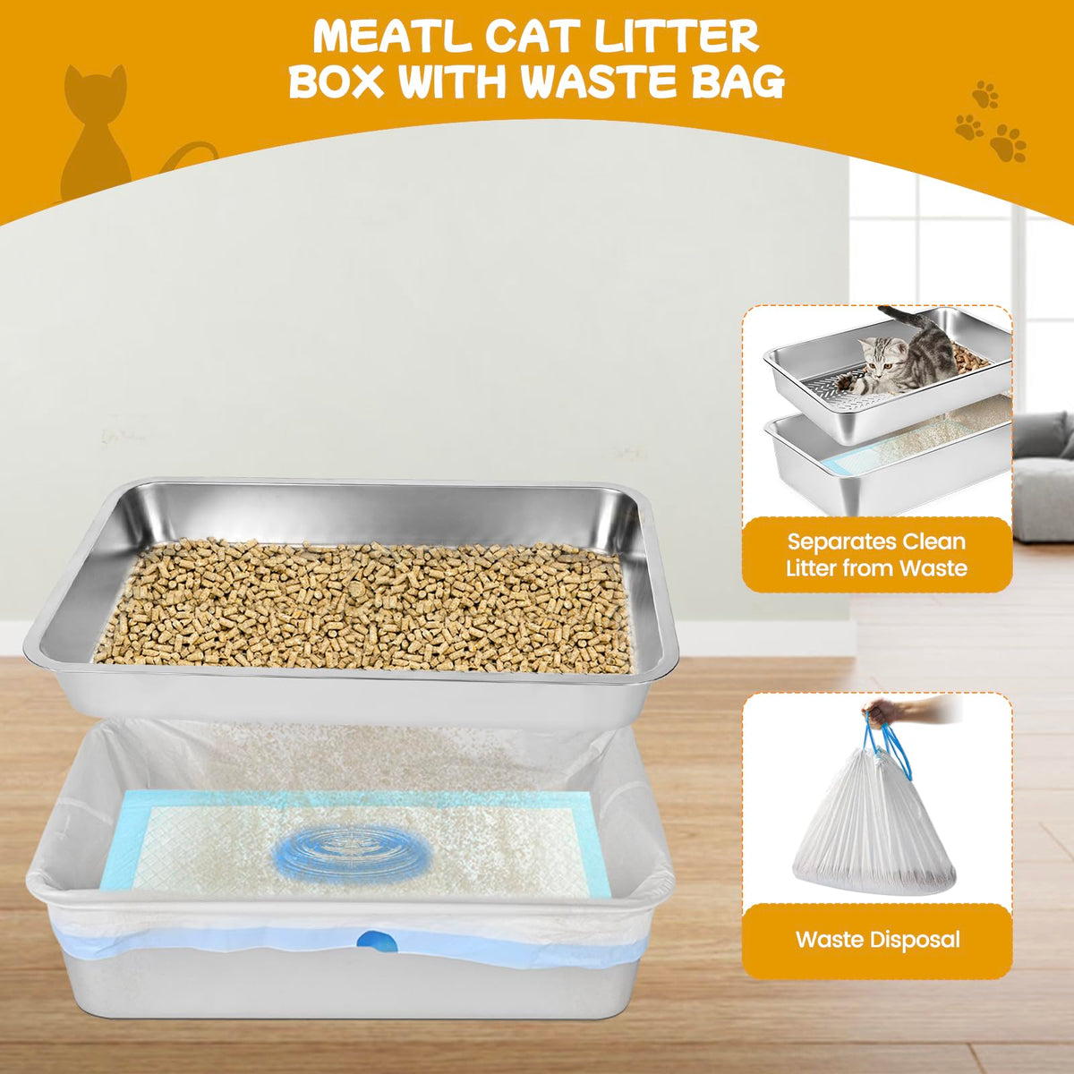 Stainless Steel Sifting Cat Litter Box with Scoop and Pee Pad C487156