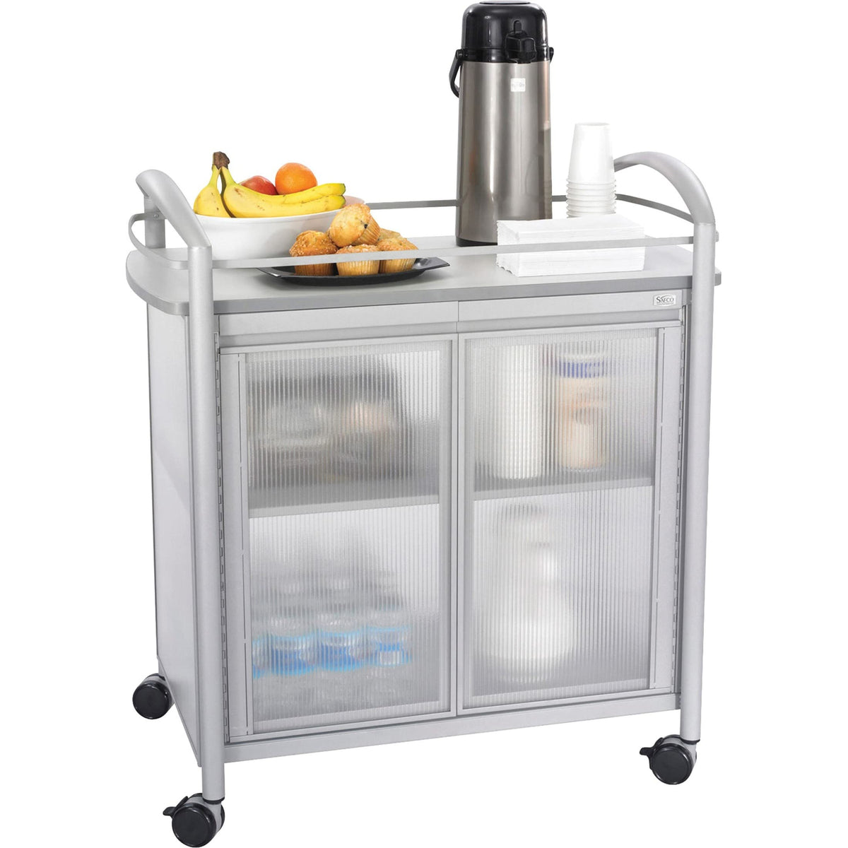 Gray Refreshment Cart with Double Doors and Swivel Wheels B9431
