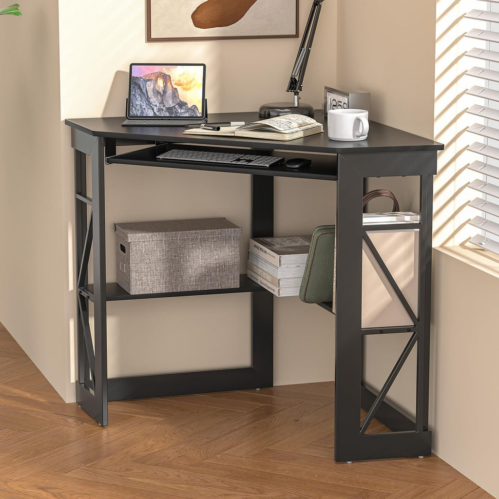 Black Corner Computer Desk with Keyboard Tray O6634