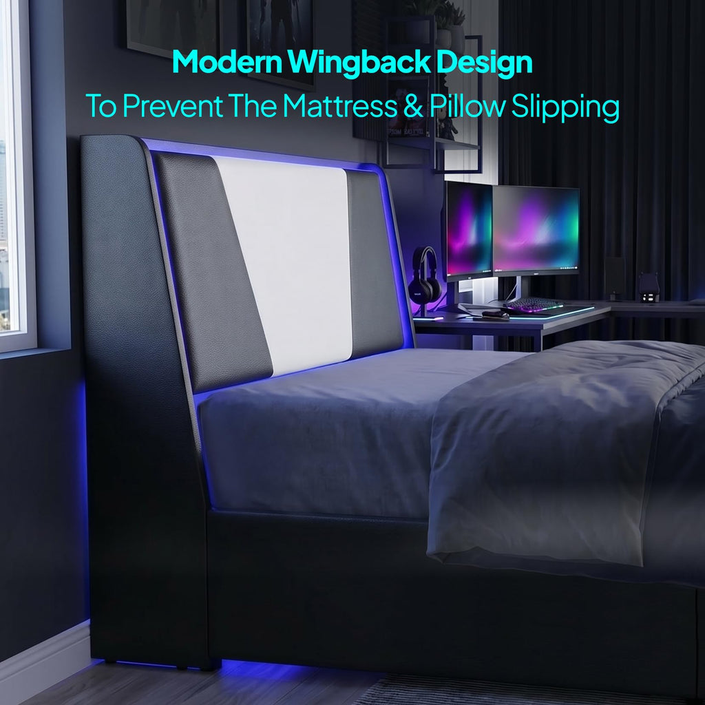 Full Size Bed Frame with Led Lights and 4 Storage Drawers X23716