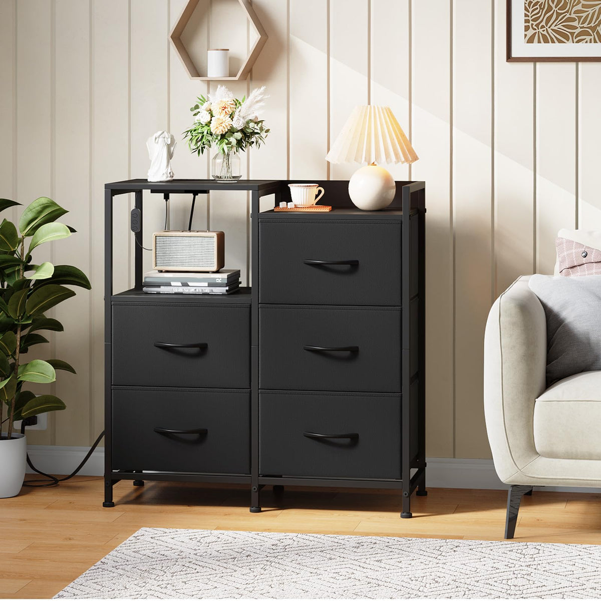 Wide 5 Drawer Nightstand with Charging Station & LED Light C222746
