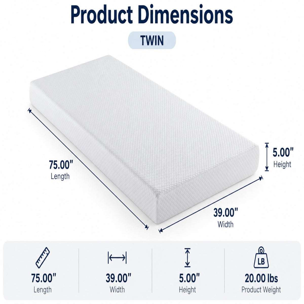 5 Inch Twin Size White Gel Memory Foam I6927