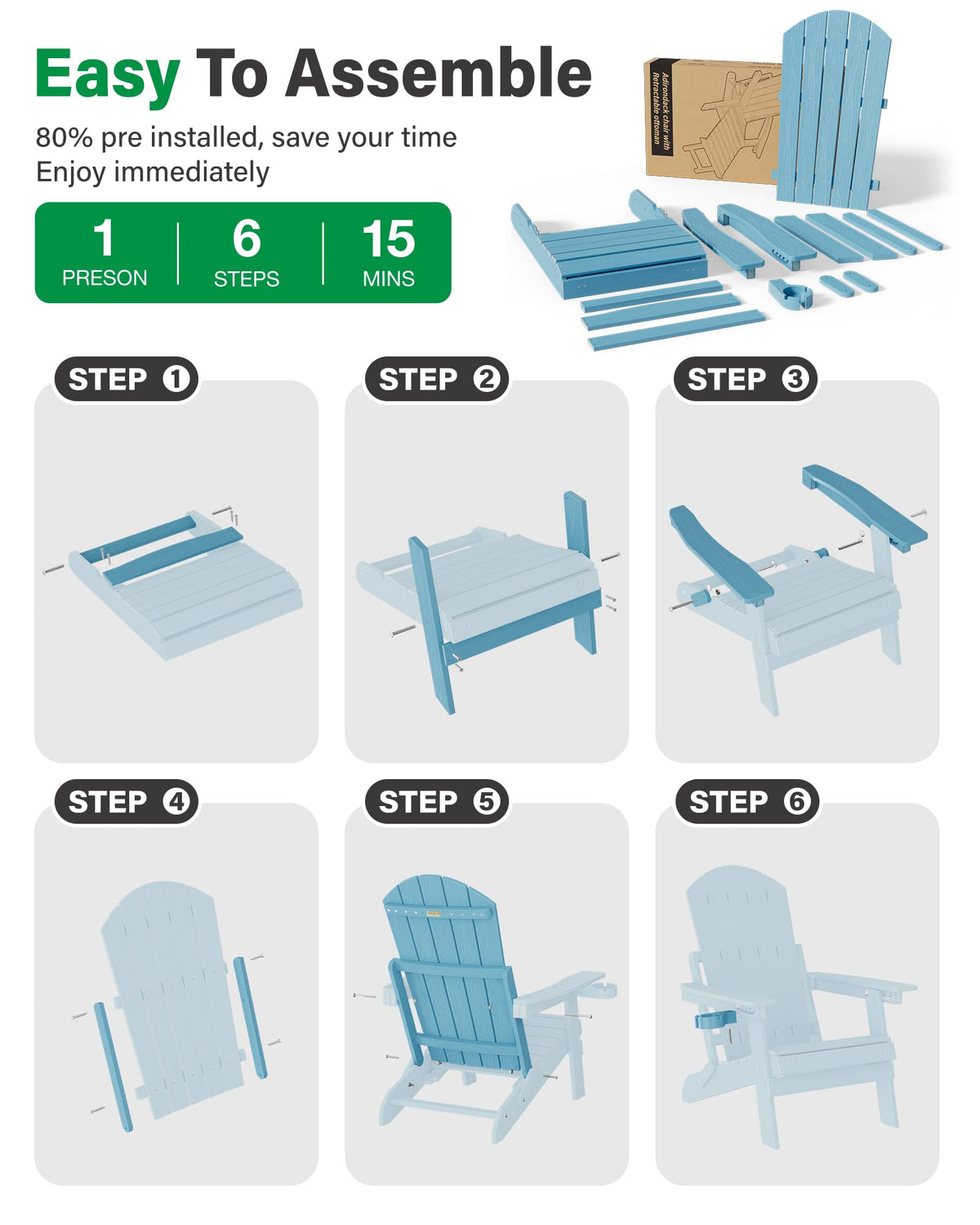 Blue Set of 2 Adirondack Chair with Footrest Z858