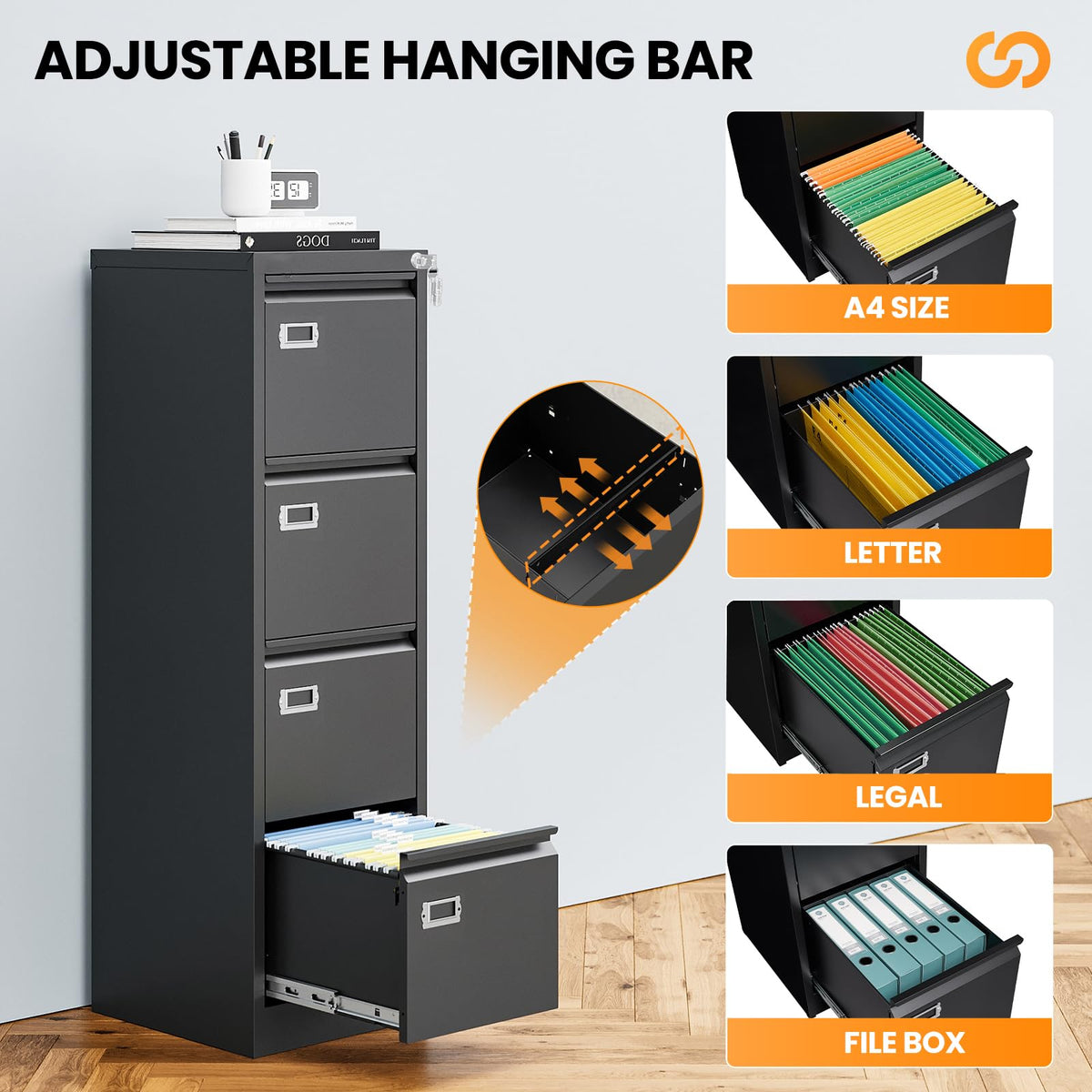 4 Drawer Black Metal File Cabinet with Lock K1870