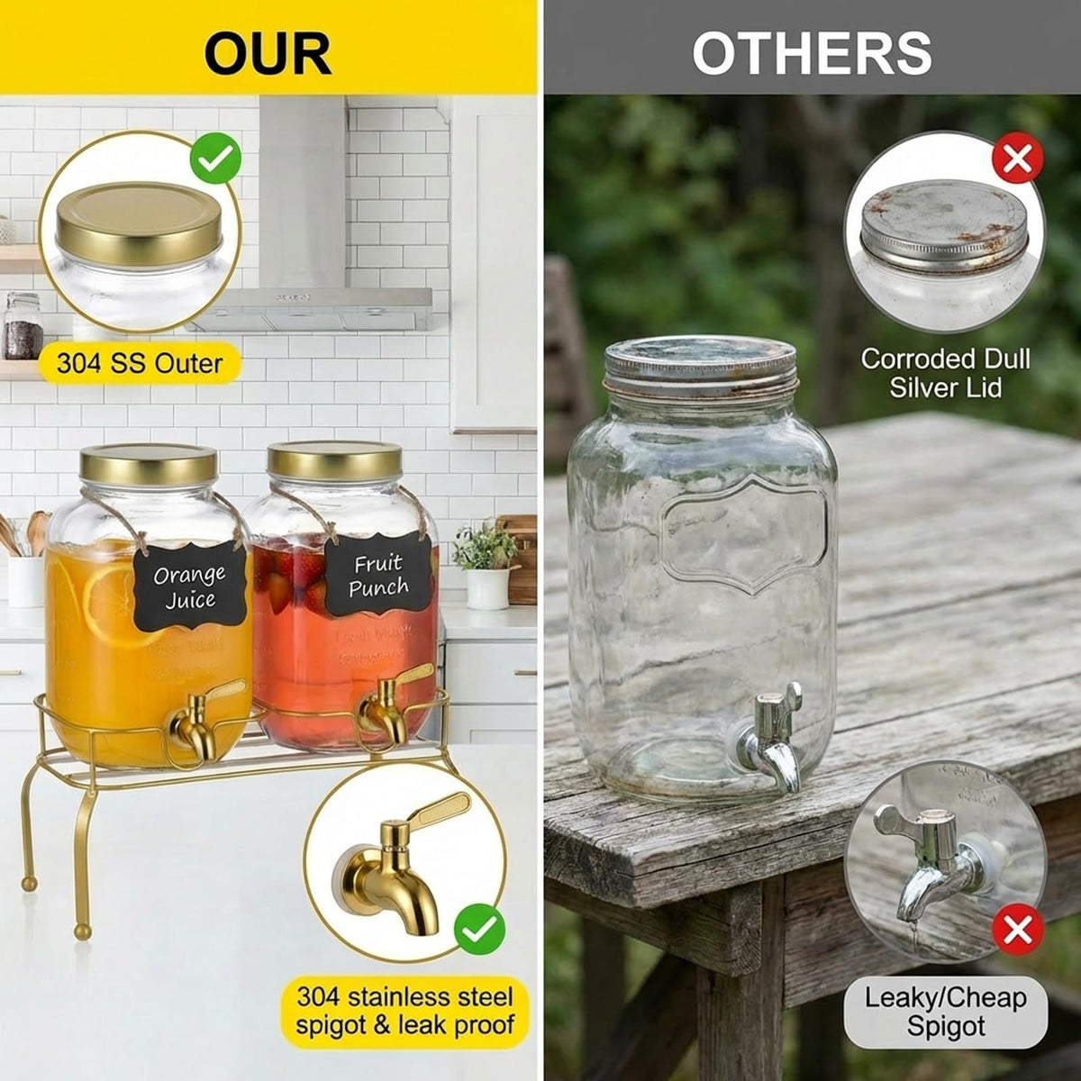 1 Gallon Glass Drink Dispenser Set of 2 with Stand Q4298