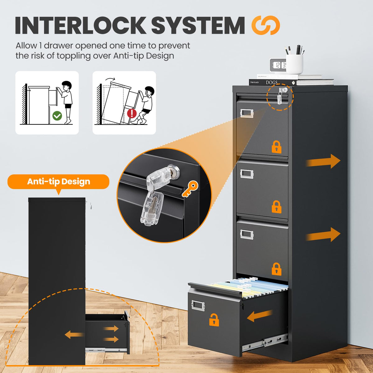 4 Drawer Black Metal File Cabinet with Lock K1870
