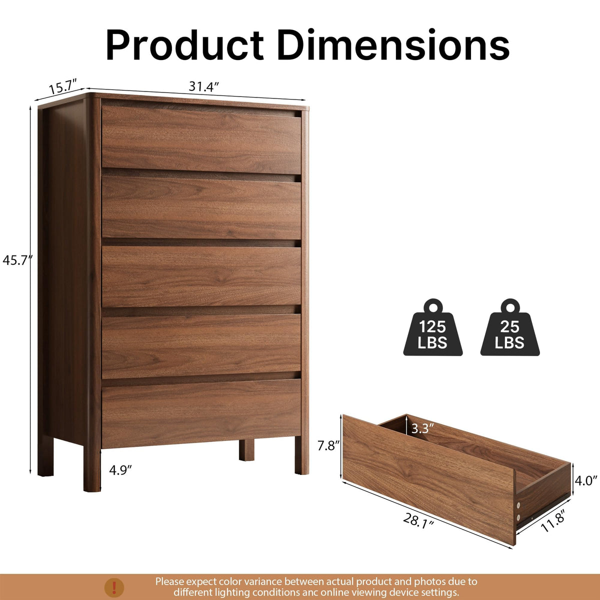 Walnut 5 Drawer Wood Dresser M530