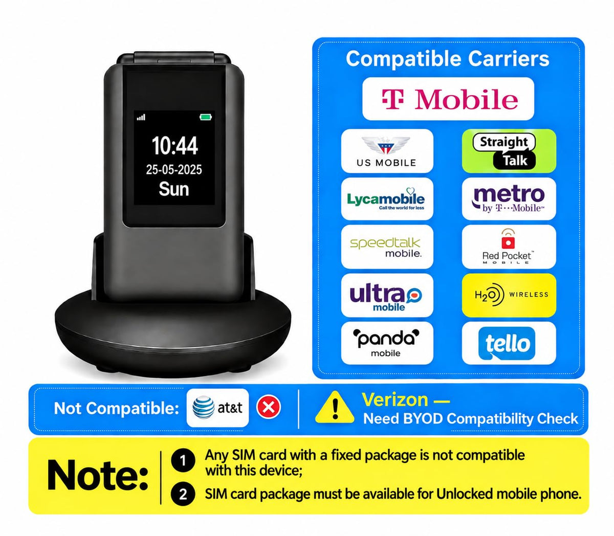 Unlocked Flip Phone with Big Buttons and SOS Button, Matte Black O2570