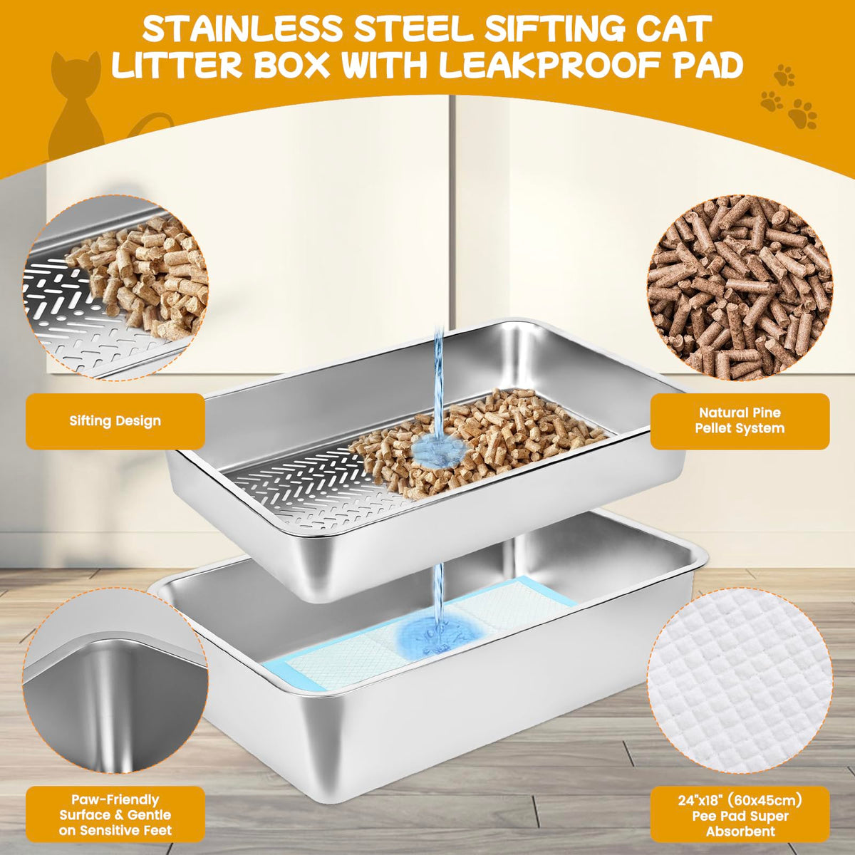Stainless Steel Sifting Cat Litter Box with Scoop and Pee Pad C487156
