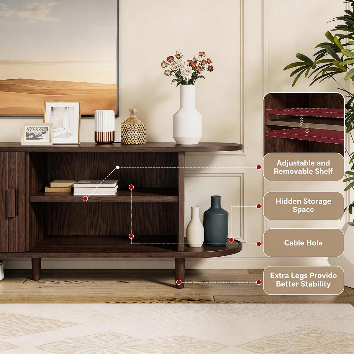 65" Walnut Wood TV Stand with Power Outlet and Sliding Doors B5969