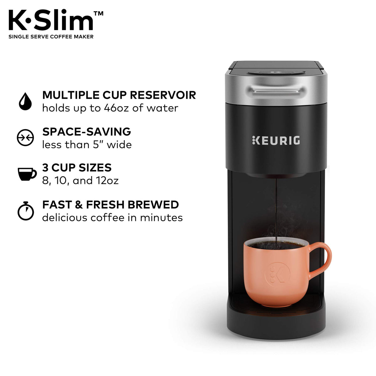 Single Serve K-Cup Pod Coffee Maker, 3 Brew Sizes, 46oz Removable Reservoir, Black O8407