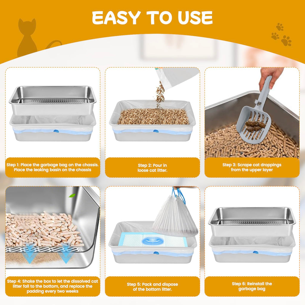 Stainless Steel Sifting Cat Litter Box with Scoop and Pee Pad C487156