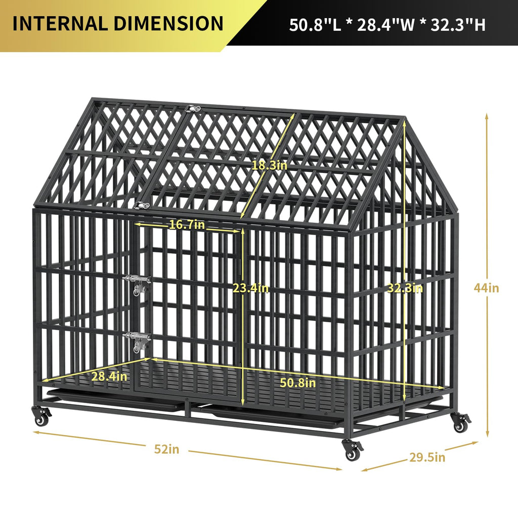 52 Inch Heavy Duty XXL Dog Crate with Open Roof Top, Trays and Wheels O5423