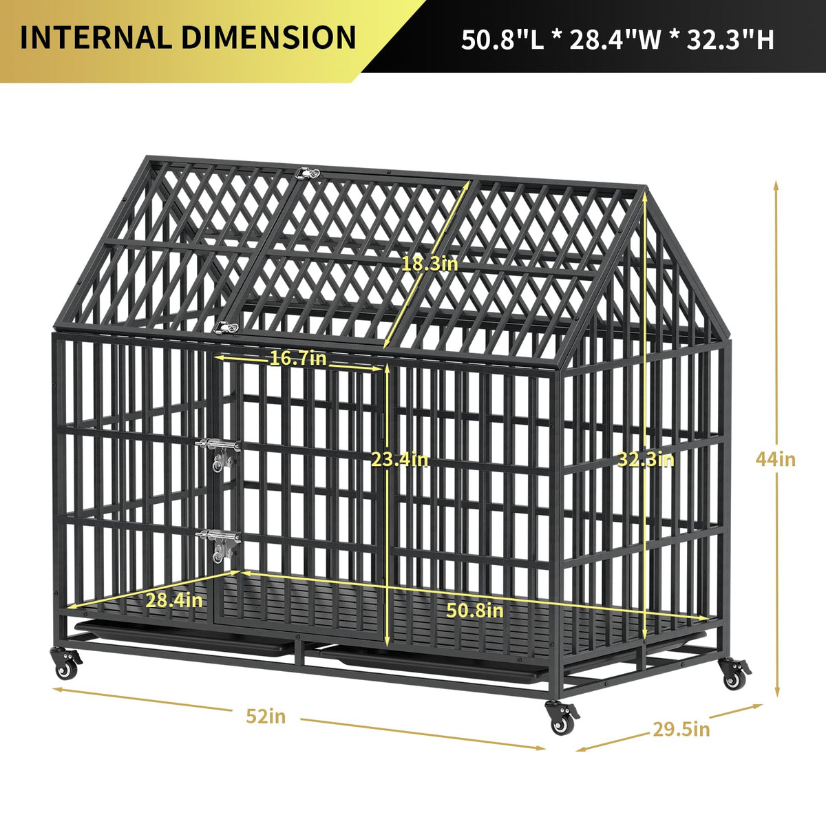 52 Inch Heavy Duty XXL Dog Crate with Open Roof Top, Trays and Wheels O5423