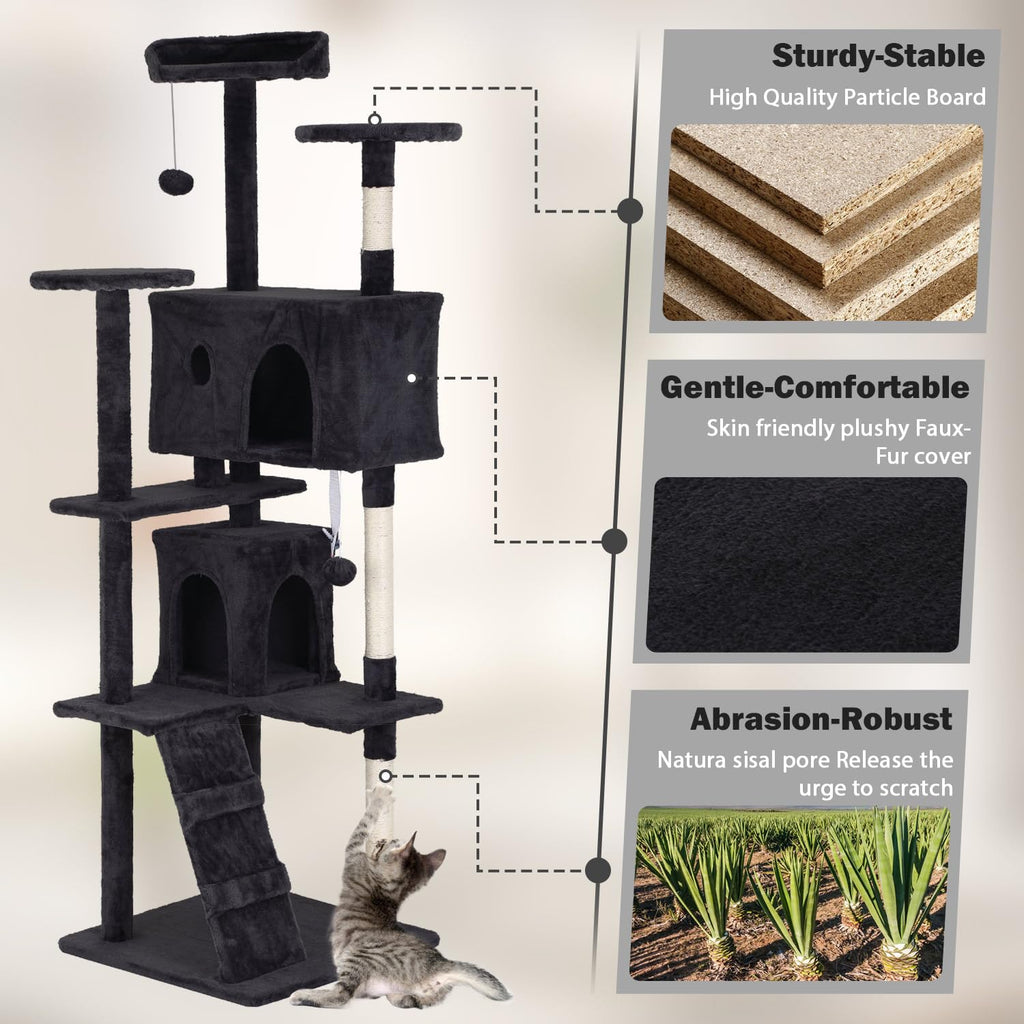 70" Dark Grey Cat Tree Tower with Scratching Post and Bed C510
