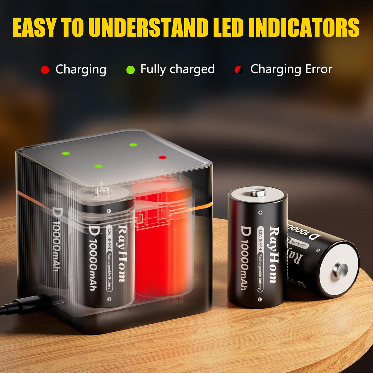 4 Pack 10000mAh Rechargeable D NiMH Batteries with 4 Slot Charger P5887
