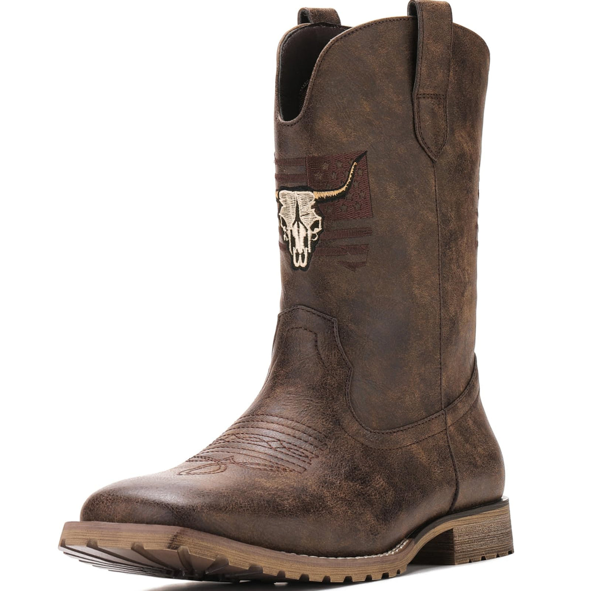 Vintage Distressed Brown Square Toe Mid-Calf Cowboy Boots I3230