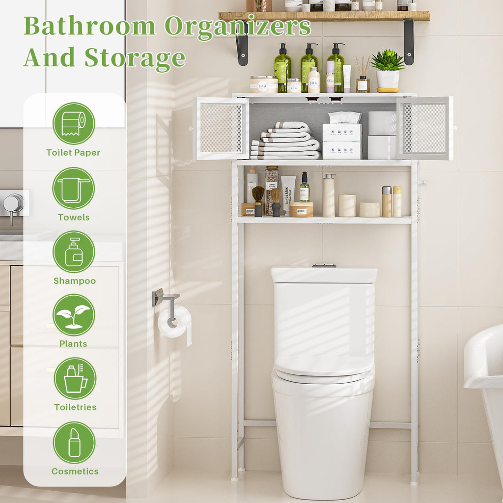 Over the Toilet Storage Cabinet with Doors, White Metal Shelves M1571