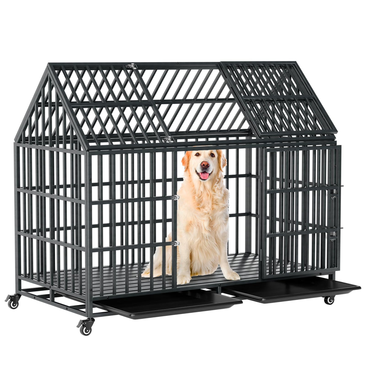 52 Inch Heavy Duty XXL Dog Crate with Open Roof Top, Trays and Wheels O5423