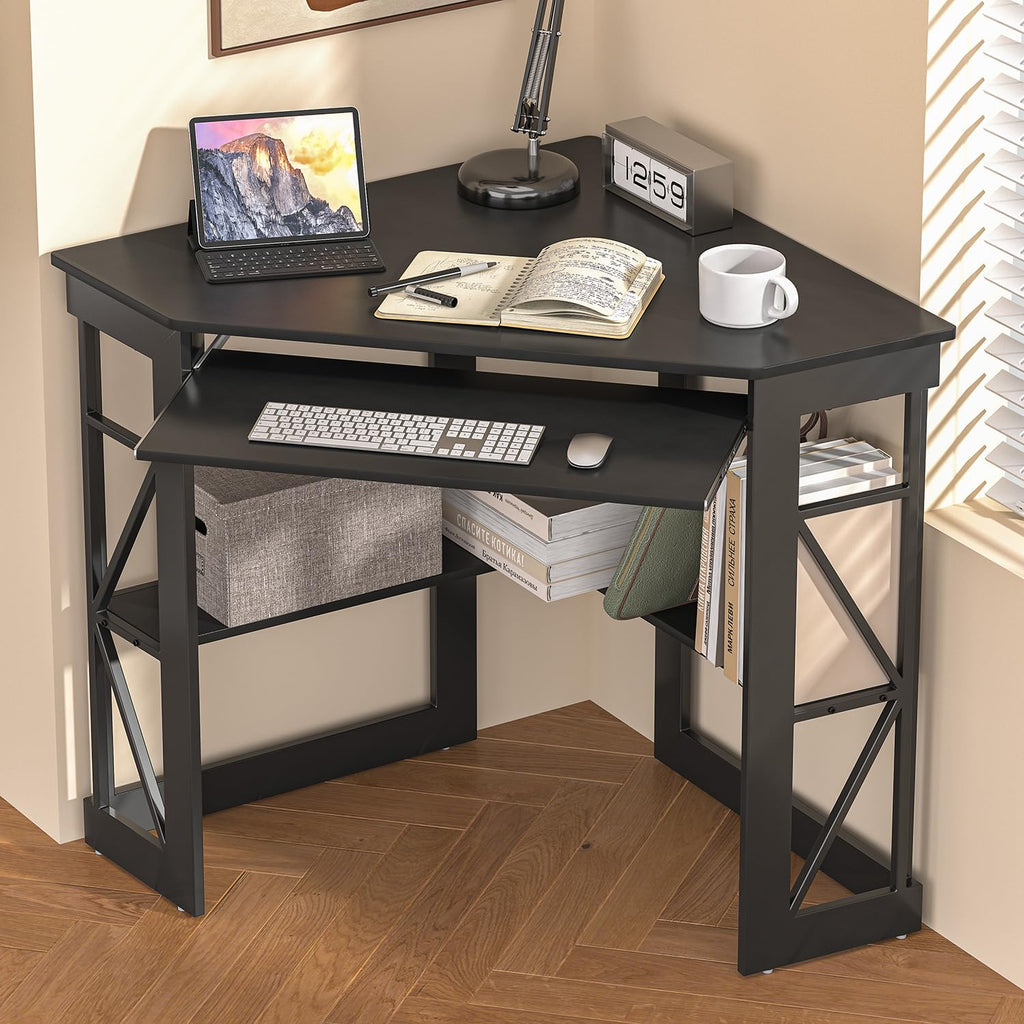 Black Corner Computer Desk with Keyboard Tray O6634