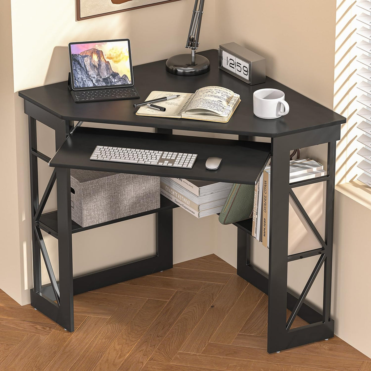 Black Corner Computer Desk with Keyboard Tray O6634