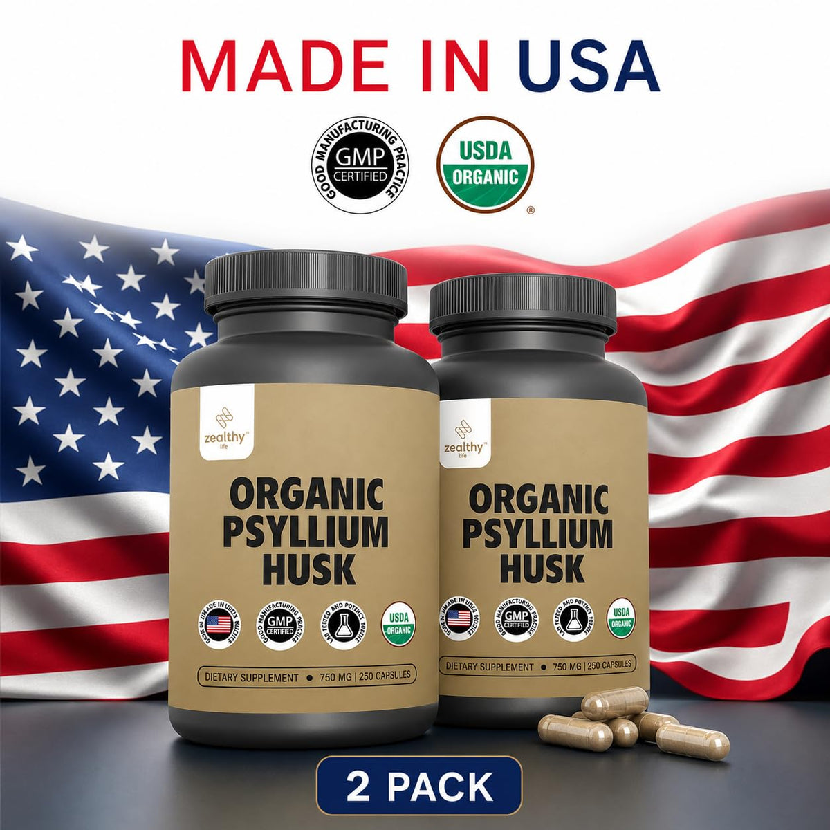 Organic Psyllium Husk Capsules 750 mg Fiber Supplement 250 Capsules Pack of 2 A78702