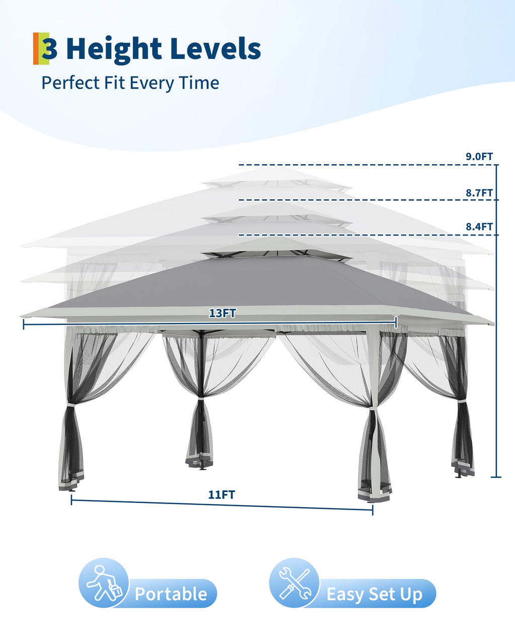 13x13FT Pop Up Gazebo with Mosquito Netting, Grey R686