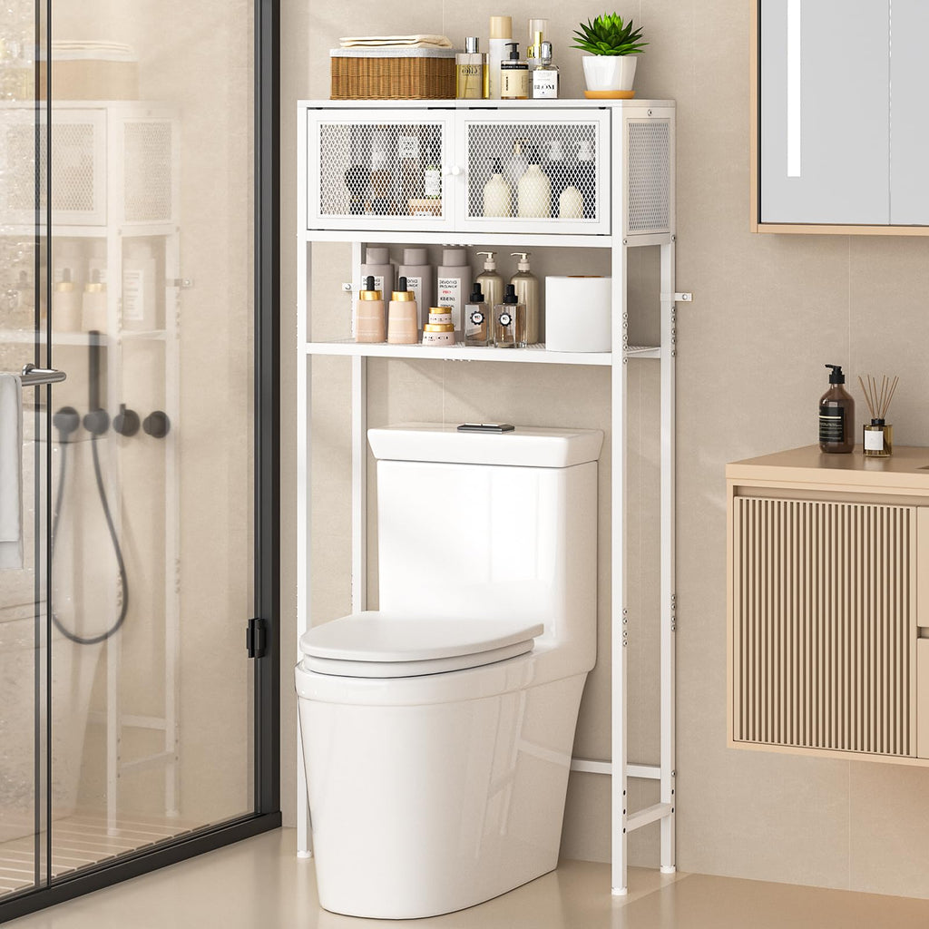 Over the Toilet Storage Cabinet with Doors, White Metal Shelves M1571