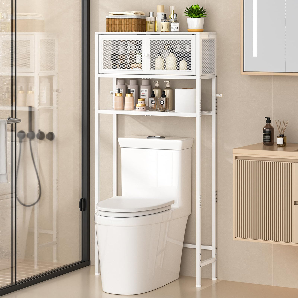 Over the Toilet Storage Cabinet with Doors, White Metal Shelves M1571