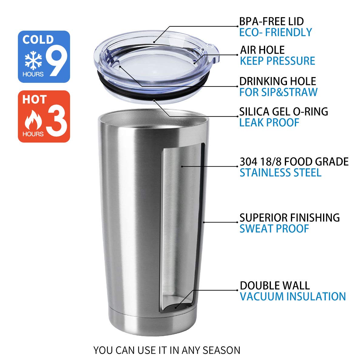 20oz Stainless Steel Insulated Tumblers with Lid Pack N11080