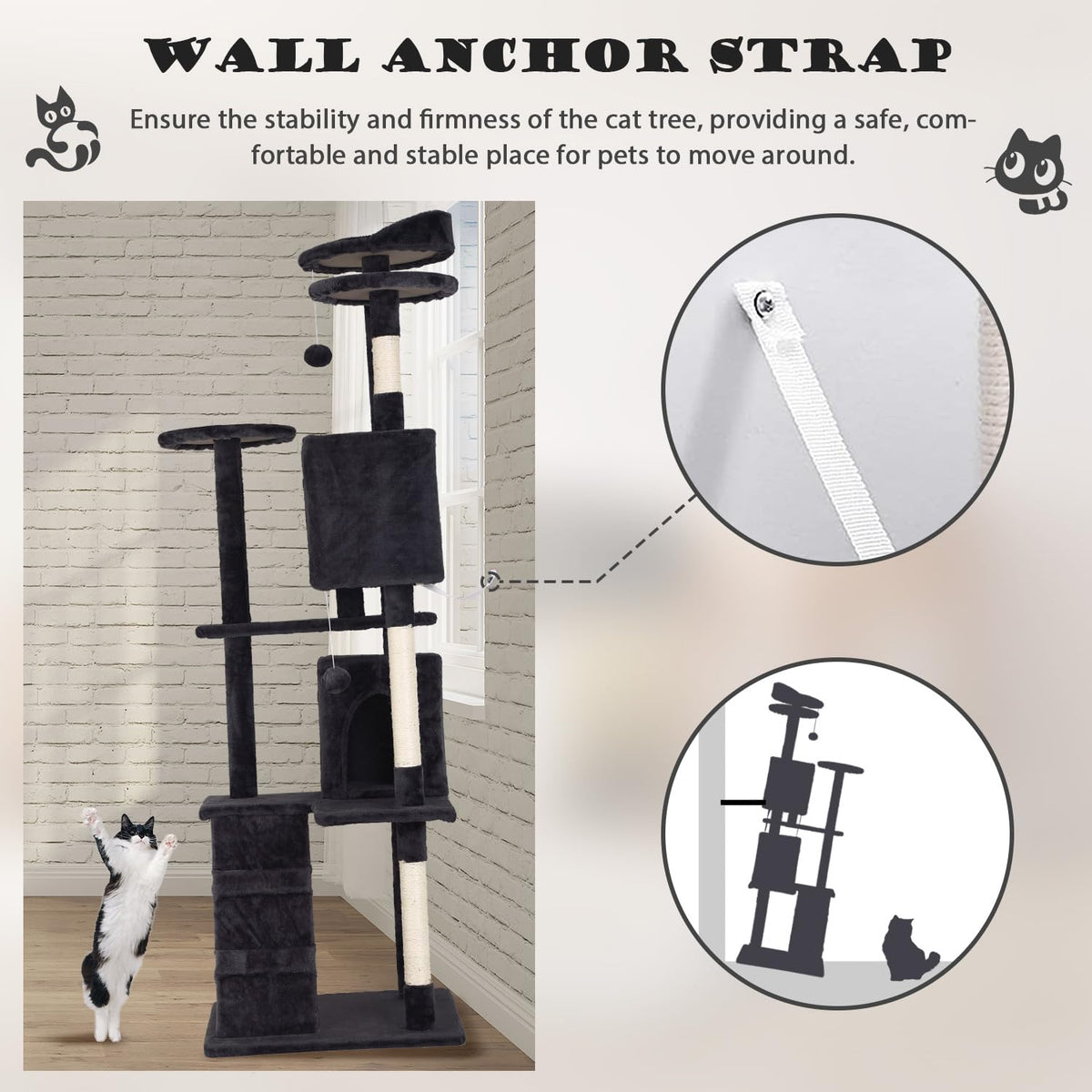 70" Dark Grey Cat Tree Tower with Scratching Post and Bed C510