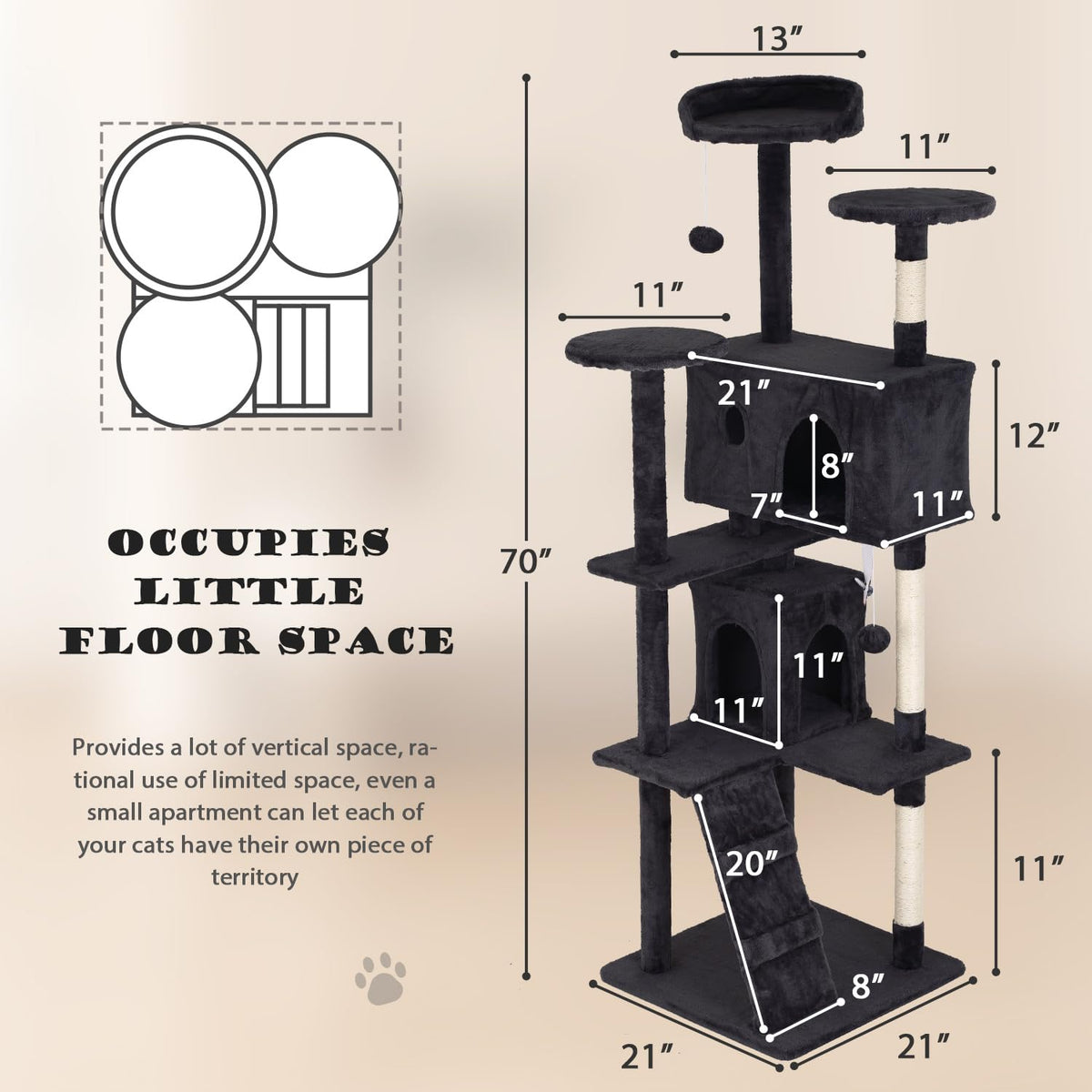 70" Dark Grey Cat Tree Tower with Scratching Post and Bed C510