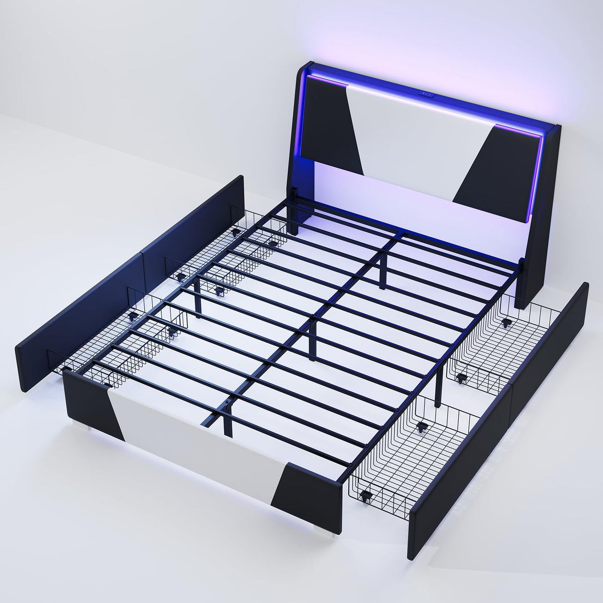 Full Size Bed Frame with Led Lights and 4 Storage Drawers X23716